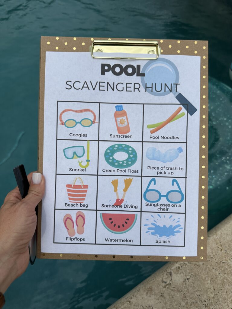 pool scavenger hunt on clipboard with pool in background