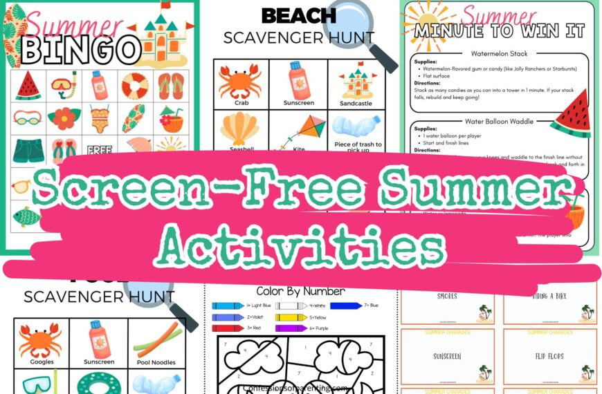feature image: 6 screen fee Summer activities printables with pink brush stroke with green writing screen fee Summer activities