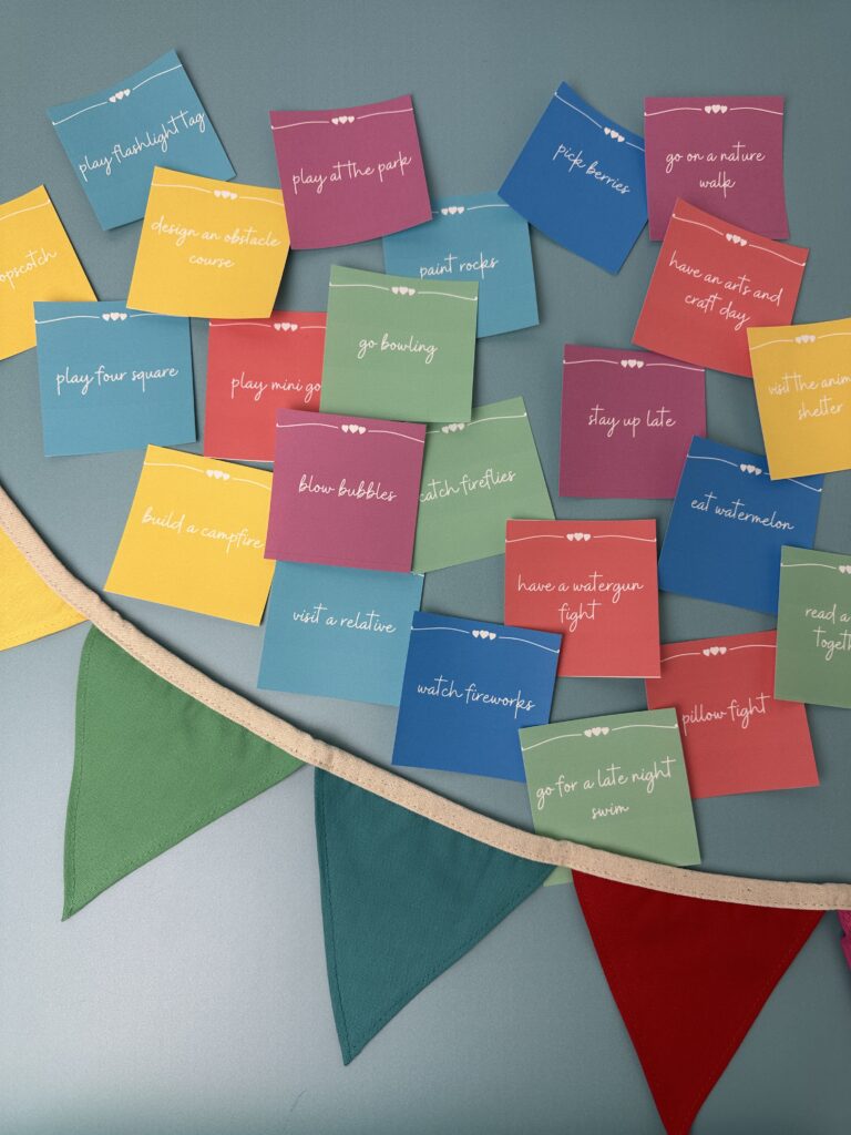 lots of colorful summer bucket list cards on a blue background