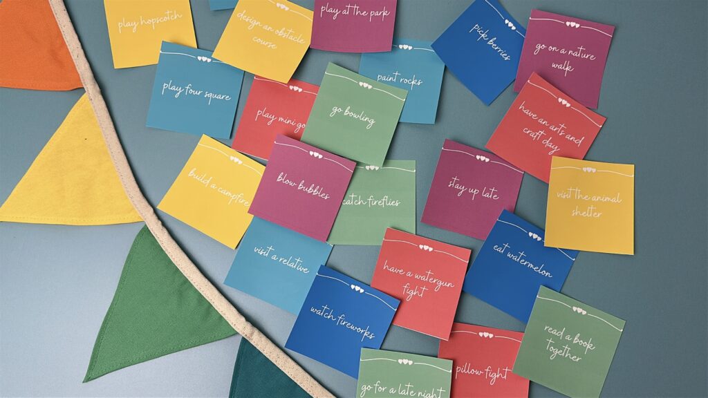 summer bucket list cards on blue background with colorful bunting