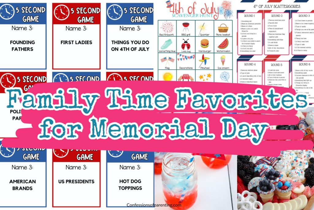 feature image: 5 memorial day printables, food and drink with pink brush stroke with blue writing family time favorites for memorial day