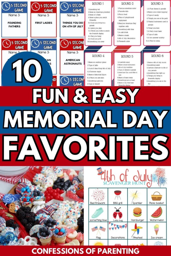 Pinterest Pin: a red and blue vertical rectangle in the middle, with white text " 10 fun and easy memorial day favorites" with several images
