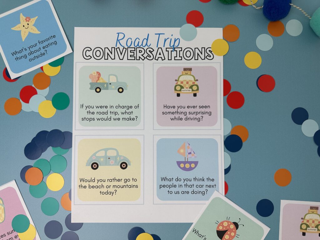 road trip summer conversation starters PDF on blue background 