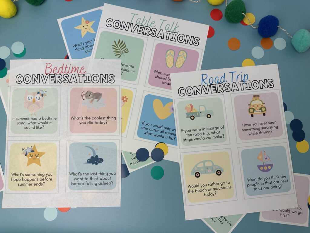 summer conversation starters: table talk conversations, bedtime conversations, and road trip conversations on blu background. 