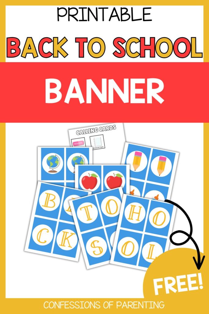 Pinterest Pin: gold border with Back to School Banner PDF mockup with Back to School Banner printable

