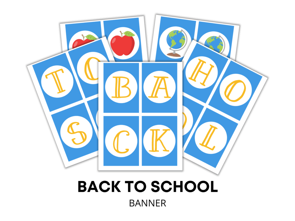 Printable sheets showing blue cards with “BACK TO SCHOOL” lettering in yellow and fun school-themed images like apples, globes, and pencils.