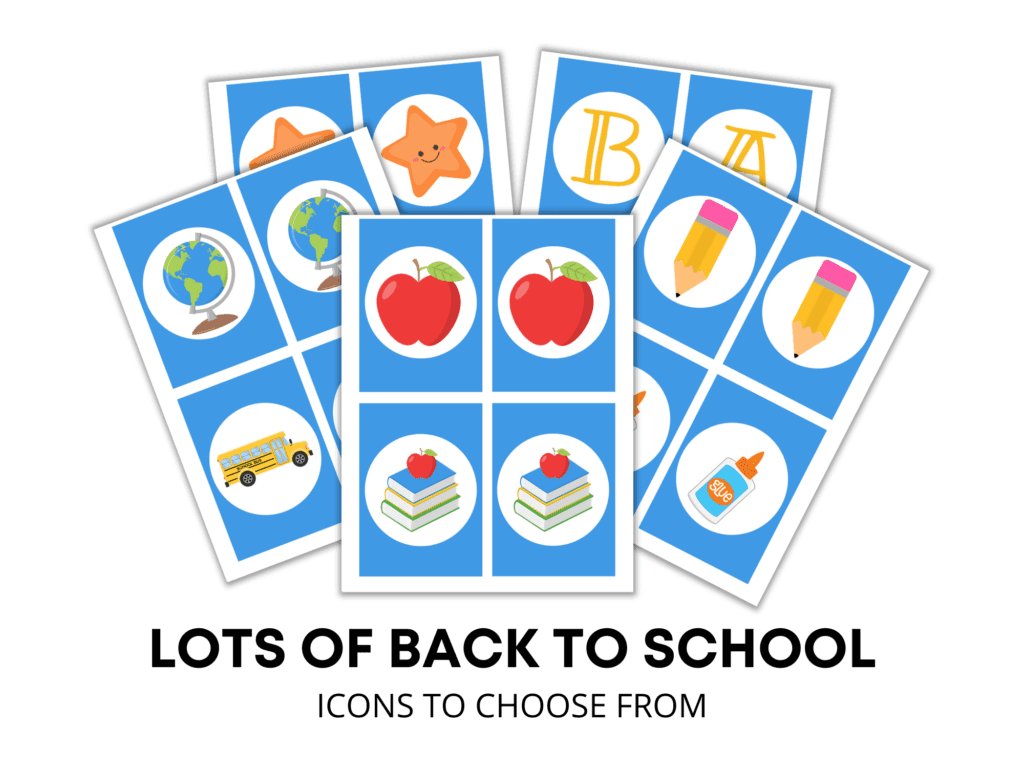 Preview of printable back to school banner icon options featuring bright blue backgrounds with school-themed illustrations like stars, books, glue, and school buses.