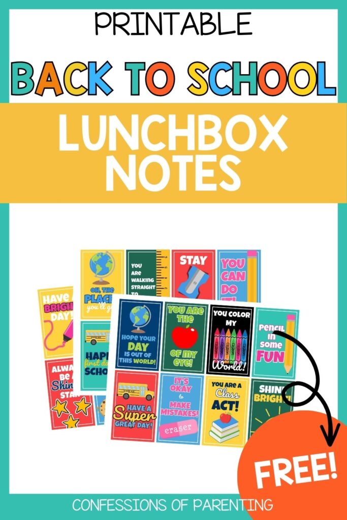 Pinterest Pin: teal border with back to school lunchbox notes PDF mockup with back to school lunchbox notes printable
