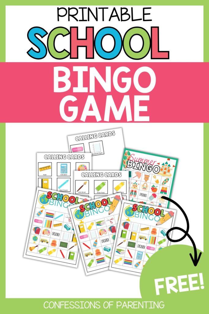 Pinterest Pin: green border with School Bingo game PDF mockup with School Bingo game printable
