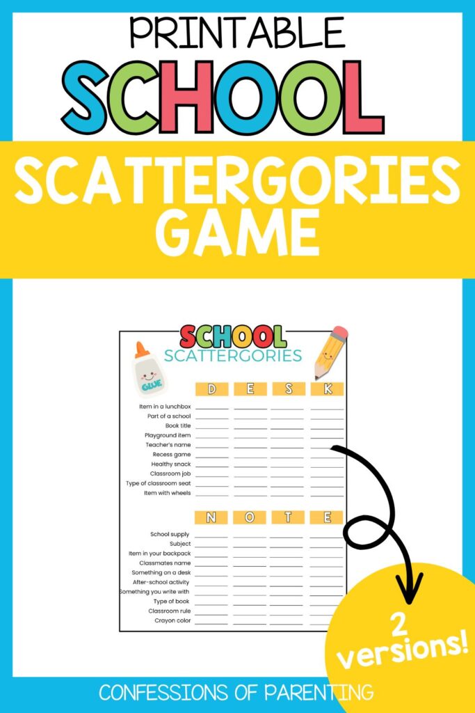 Pinterest Pin: blue border with School Scattergories game version 2 PDF mockup with School Scattergories game version 1 game printable
