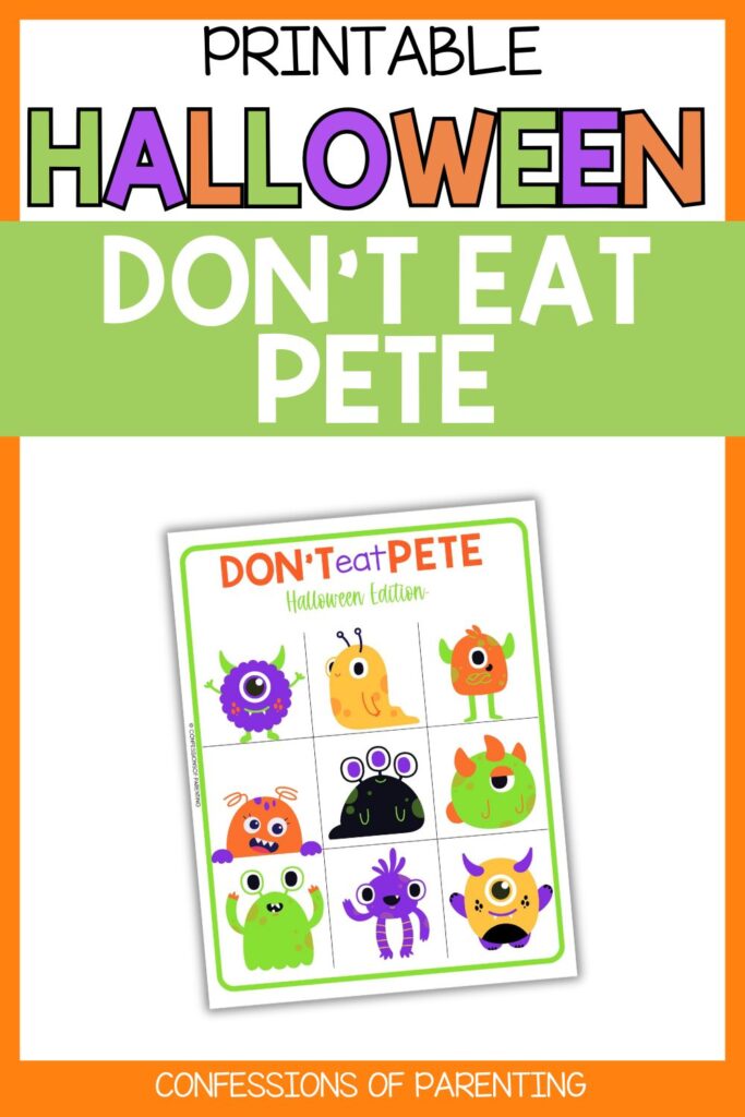 Halloween Don’t Eat Pete printable cover image with monster game board shown in center.