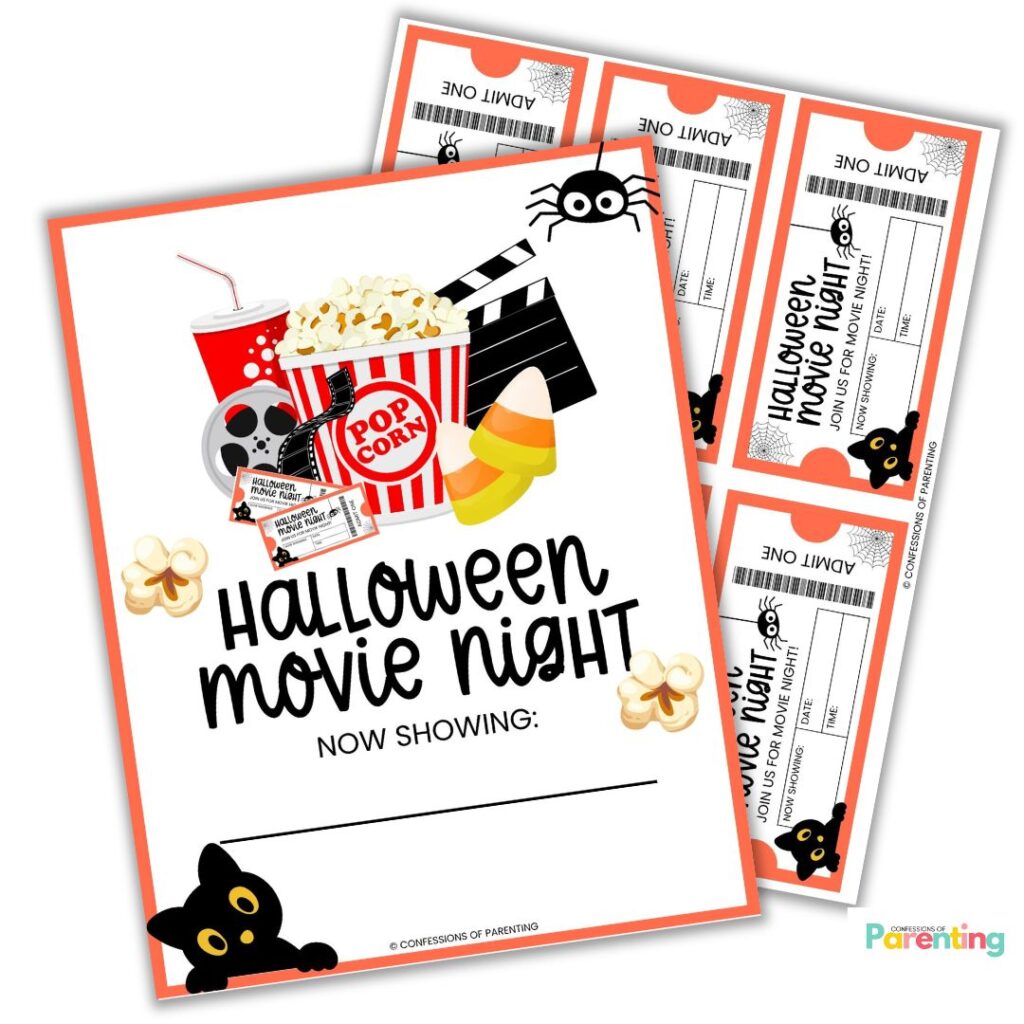 Printable Halloween Movie Night sign and tickets featuring popcorn, candy corn, and a black cat.