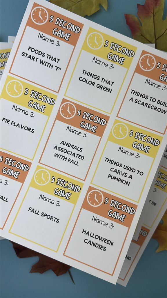Several fall 5 Second Game cards laid out, featuring prompts like “Fall holidays,” “Things you roast,” and “Items for fall camping.”