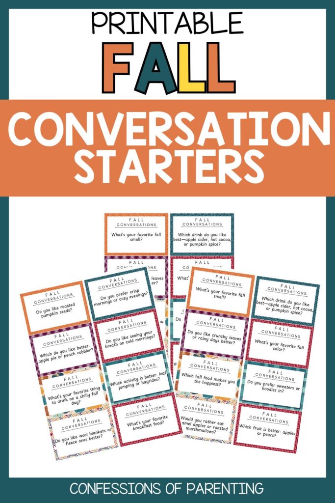 Printable fall conversation starter cards with colorful borders, featuring questions like 'What’s your favorite fall smell?' and 'Do you like roasted pumpkin seeds?