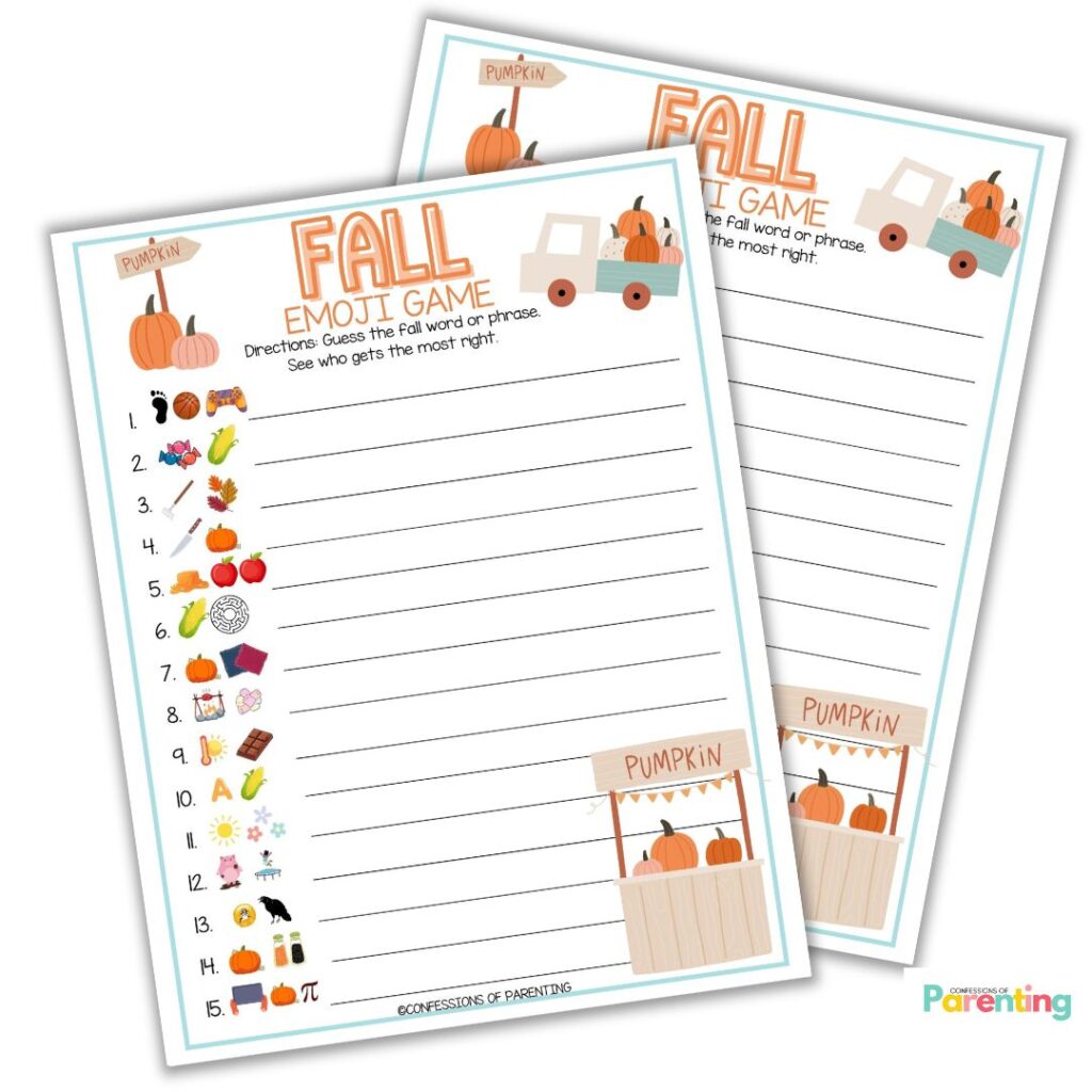 Printable Fall Emoji Game with fun fall-themed emoji clues and answer lines. Perfect screen-free activity for families or classrooms.