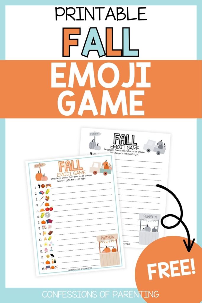 Free printable Fall Emoji Game with emoji clues and answer spaces. Great for family fun, parties, or classroom fall activities.