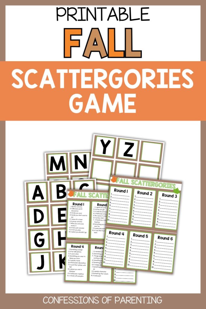 Printable Fall Scattergories game cover with letter cards and game sheets shown.