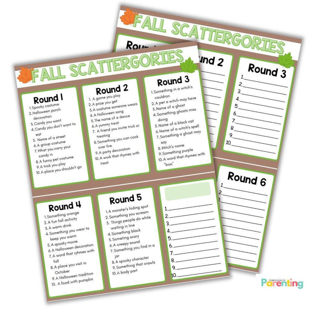 Two printable Fall Scattergories game sheets with prompts for six rounds.