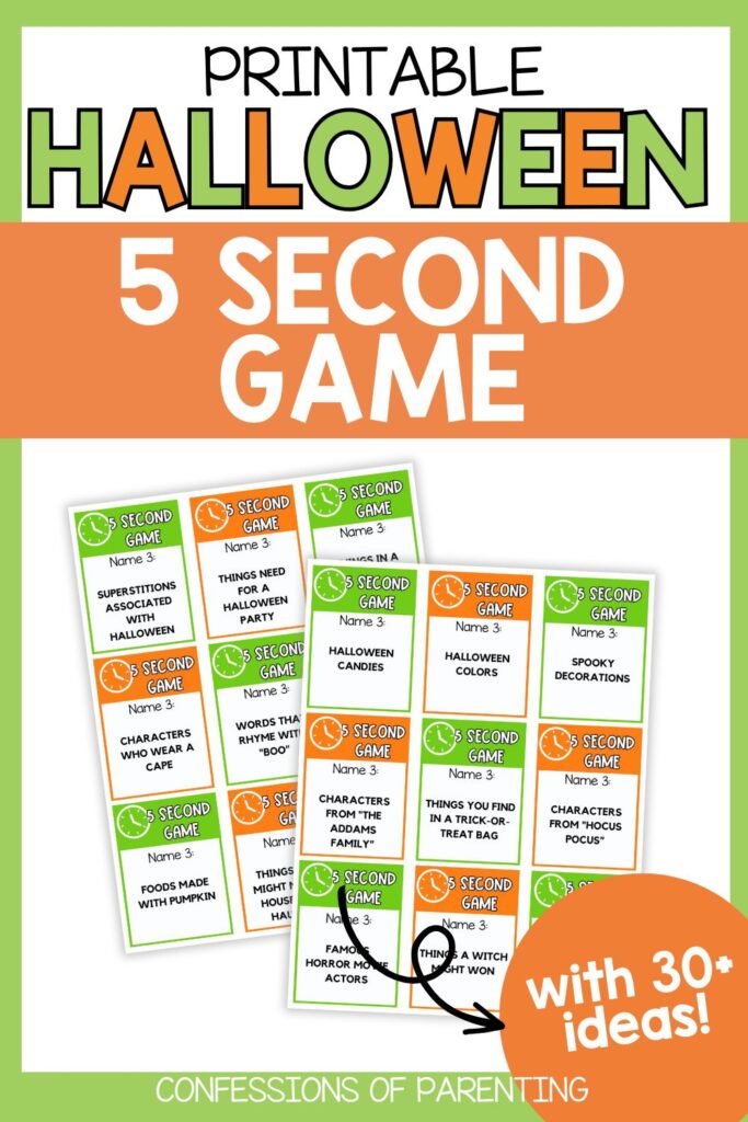 Printable Halloween 5 Second Game with 30+ fun card prompts for kids and families to play at parties or classrooms.