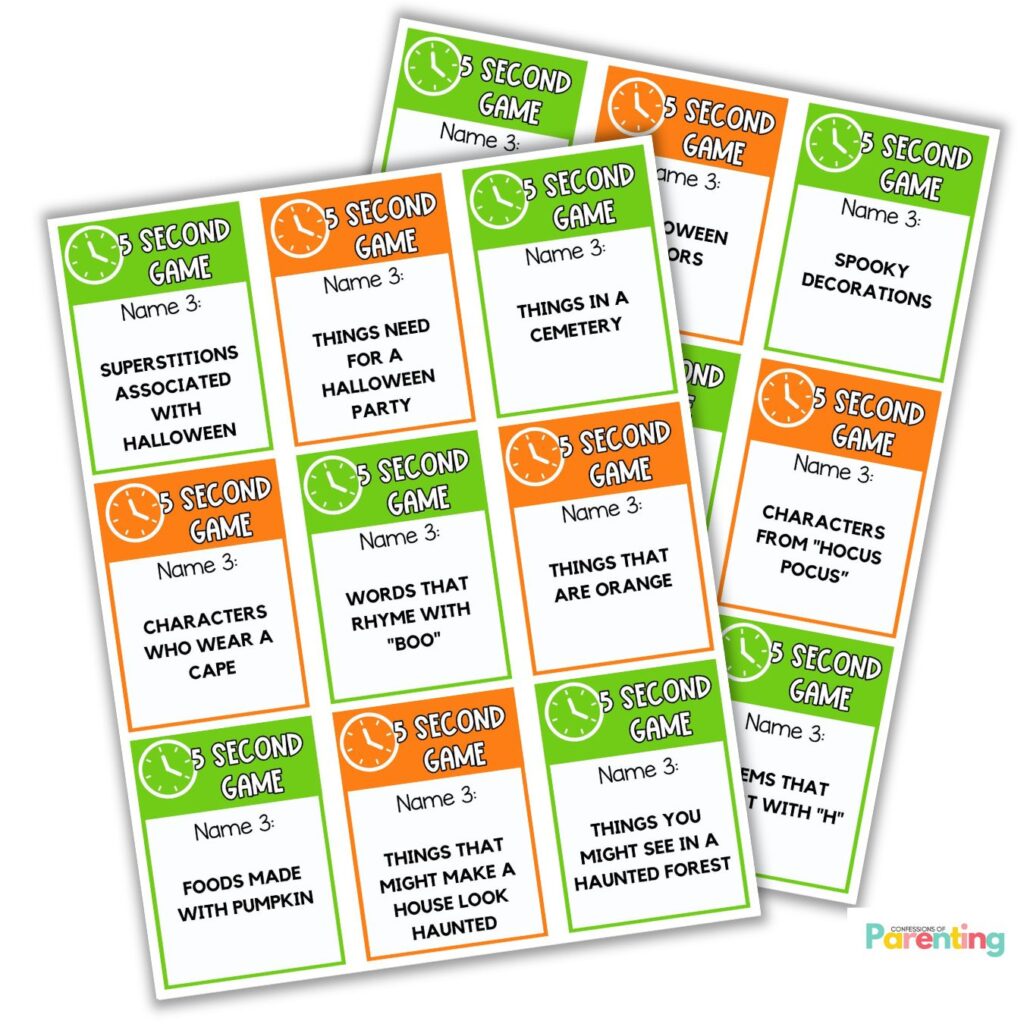 Close-up of printable Halloween 5 Second Game cards with prompts like superstitions, spooky decorations, and haunted forest.
