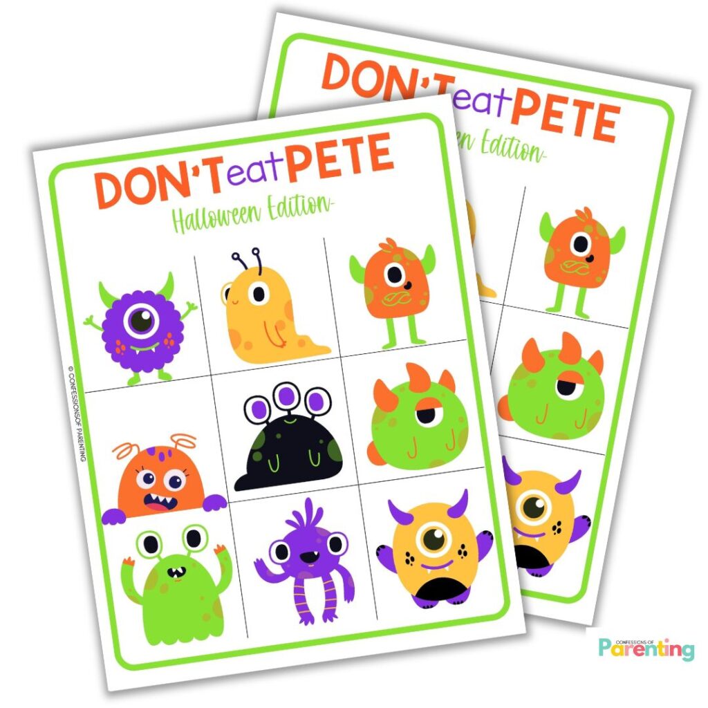 Printable Halloween Don’t Eat Pete game sheets featuring colorful monster characters.