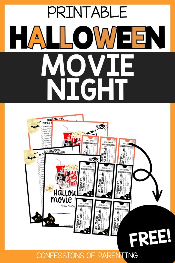 Printable Halloween Movie Night pack with movie checklists and themed tickets labeled “FREE” from Confessions of Parenting.