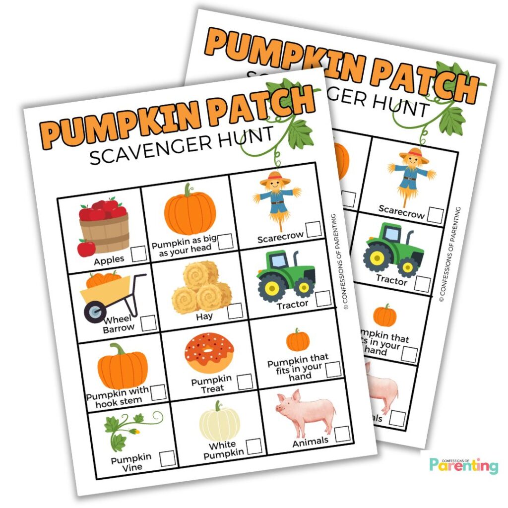 Printable pumpkin patch scavenger hunt with cute fall icons like apples, pumpkins, tractors, and animals. Great for kids at the pumpkin patch.