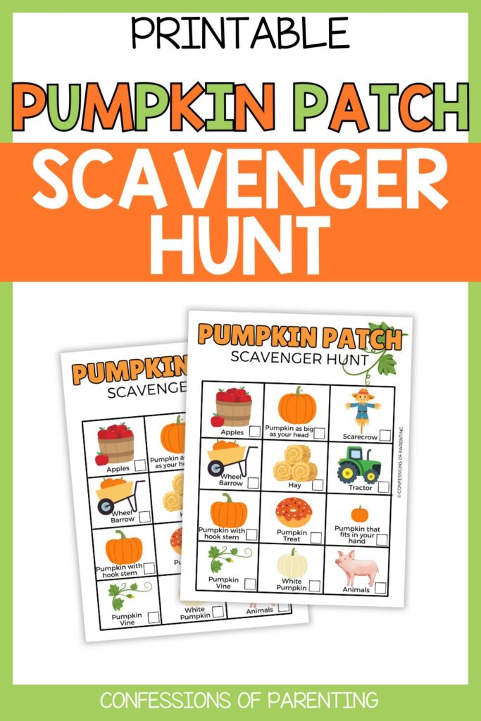 Printable Pumpkin Patch Scavenger Hunt promo image with two colorful fall-themed hunt cards