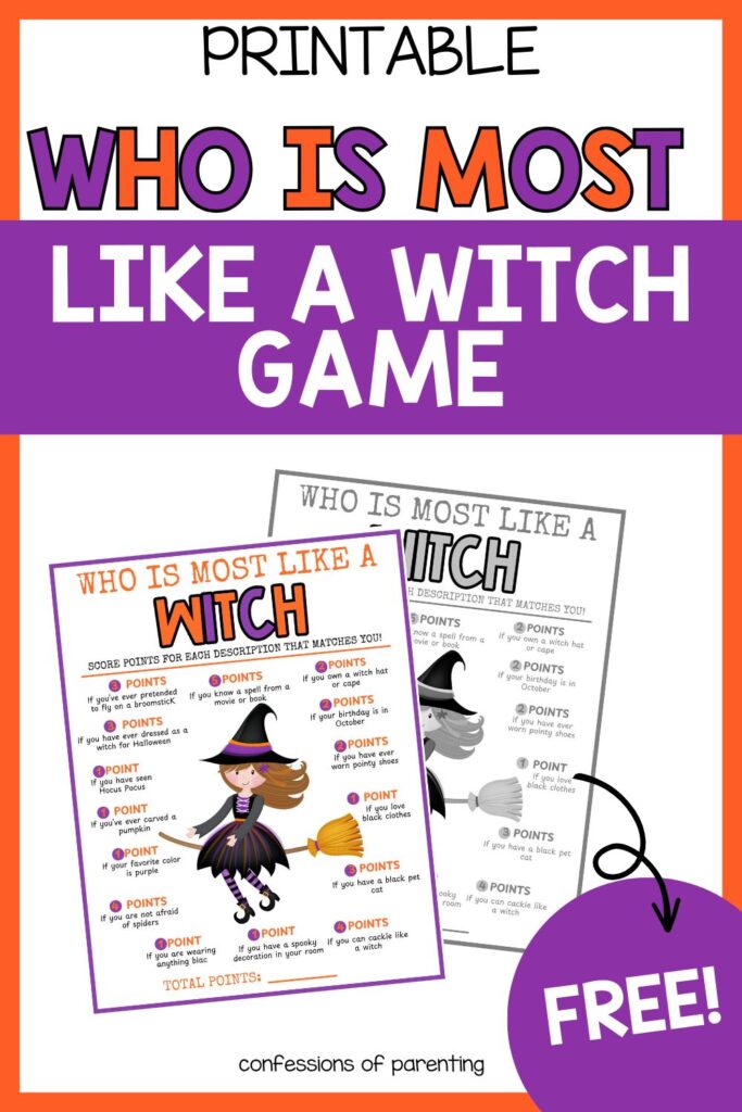 Two "Who Is Most Like a Witch" game sheets, one in color and one in black and white, with a witch illustration and Halloween-themed prompts.
