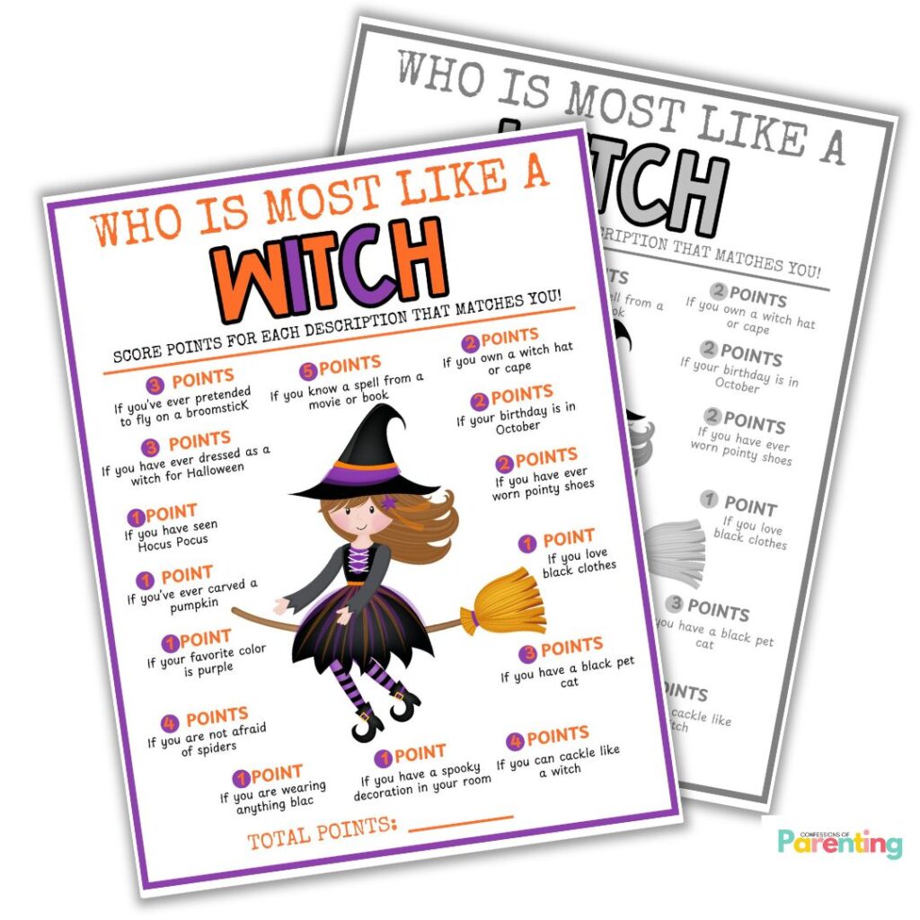 Printable "Who Is Most Like a Witch" game cover with colorful witch illustration and scoring points for fun Halloween activities.