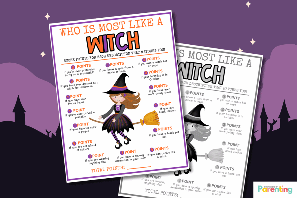 purple Halloween background with a colorful and grayscale Who's most like a witch PDF printable. 