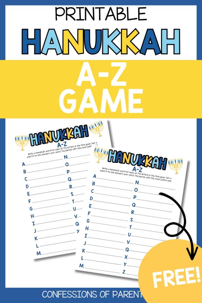 Printable Hanukkah A-Z game with alphabet list and menorah designs, encouraging players to write Hanukkah-themed words for each letter.