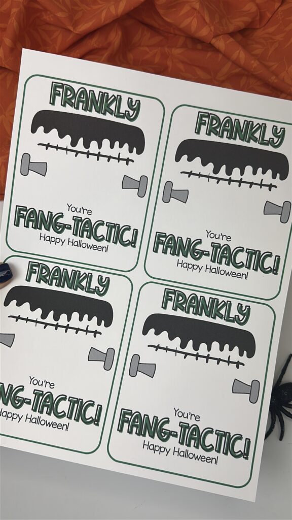 Sheet of four “Frankly You’re Fang-tastic” printable tags featuring Frankenstein-style designs.