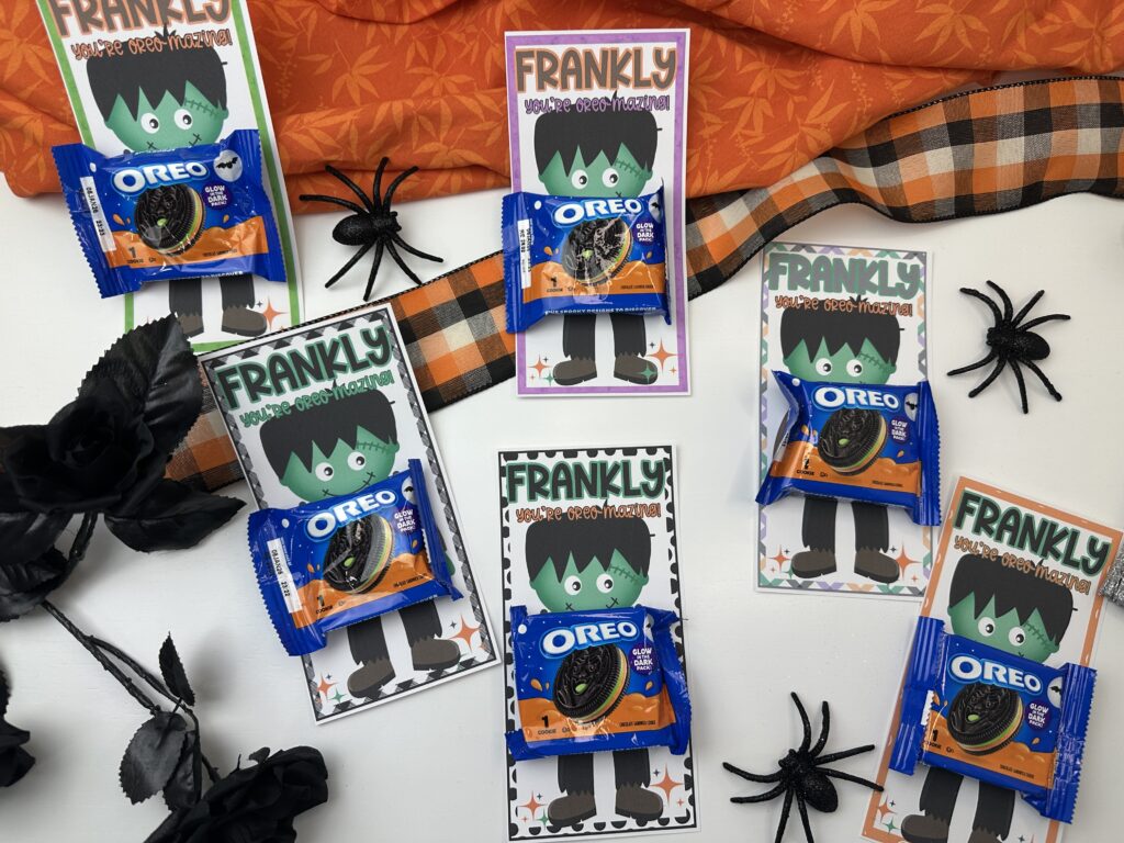 Frankenstein Oreo treat printable card with “Frankly, You’re Oreo-Mazing!” and Oreo cookie attached on orange and plaid background.