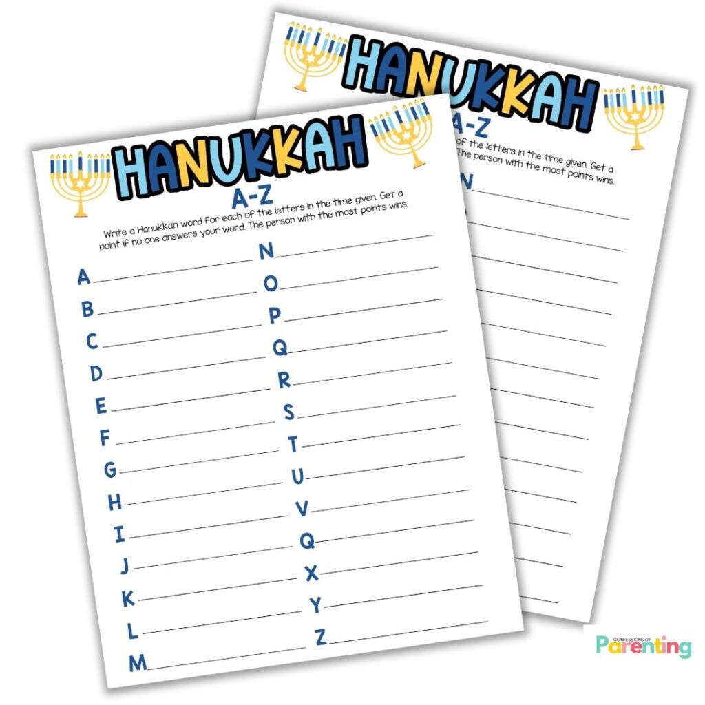Hanukkah A-Z printable game sheets with blue letters A-Z and menorah graphics for a fun holiday word challenge.