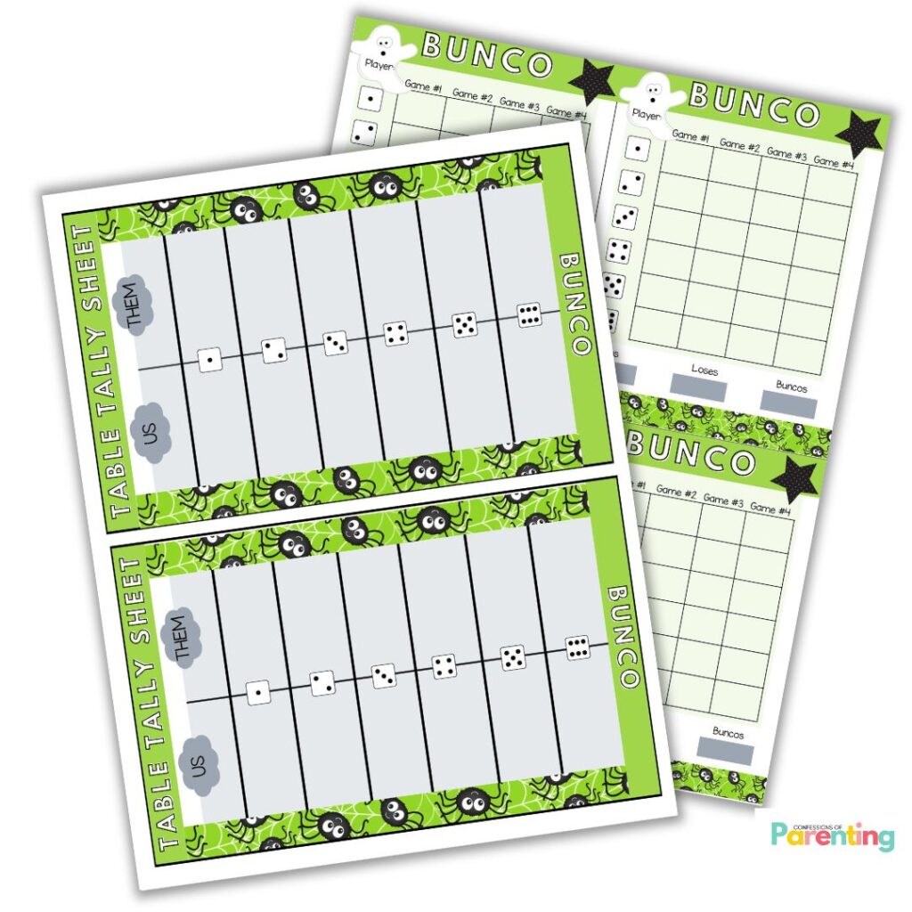 Printable Halloween Bunco game sheets with green spider and ghost designs for a spooky game night.