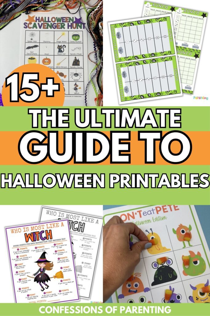 Collage of printable Halloween games and activities including Bunco, scavenger hunt, and Don’t Eat Pete for family fun.