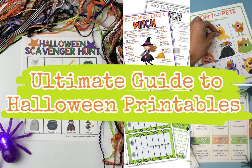 Printable Halloween scavenger hunt, Bunco, and Don’t Eat Pete games featured in the ultimate guide to Halloween printables.
