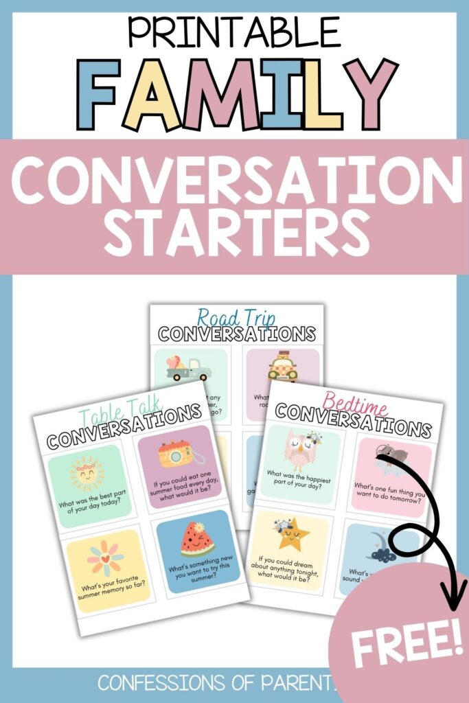 Free printable family conversation starter cards featuring table talk, road trip, and bedtime questions for kids and families.