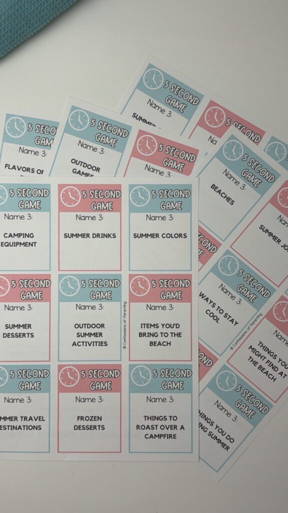 Summer 5 second game printable card with items to bring to the beach prompt surrounded by other summer game cards
