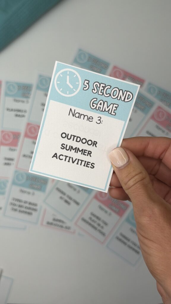 Close up of summer 5 second game card with outdoor summer activities prompt printable game for kids
