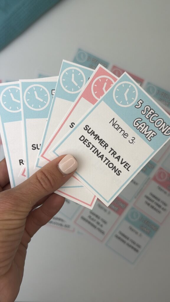Close up of summer 5 second game card with outdoor summer activities prompt printable game for kids
