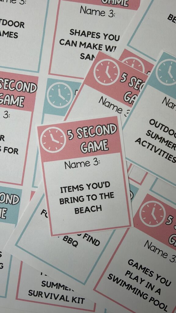 Close up of summer 5 second game card with outdoor summer activities prompt printable game for kids

