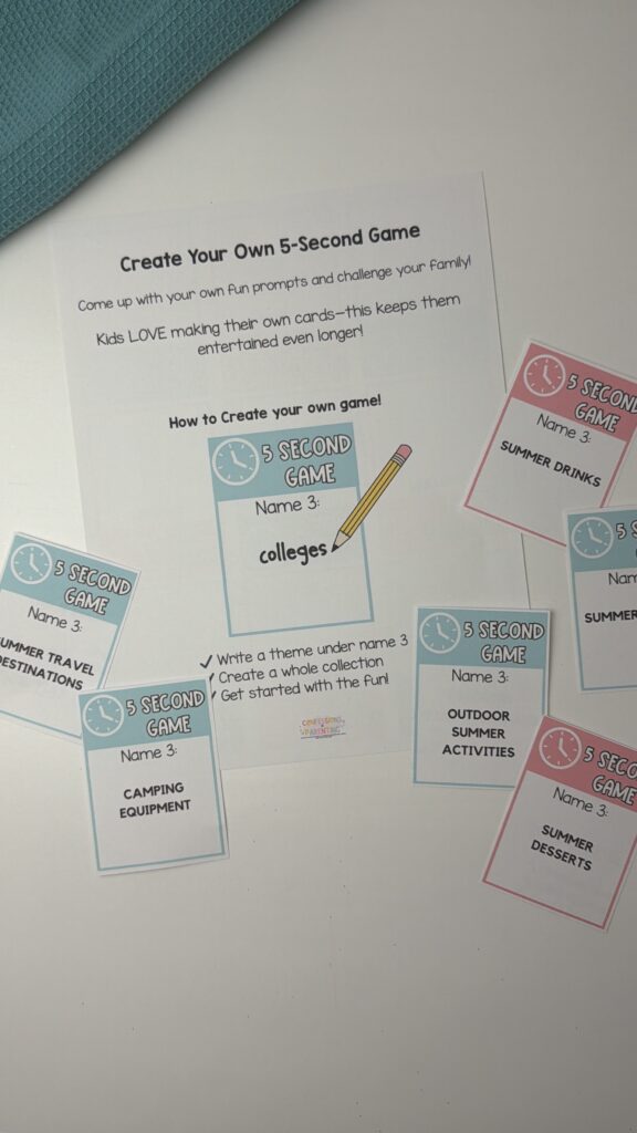 Create your own 5 second game printable page with blank card and summer themed prompts for kids activity

