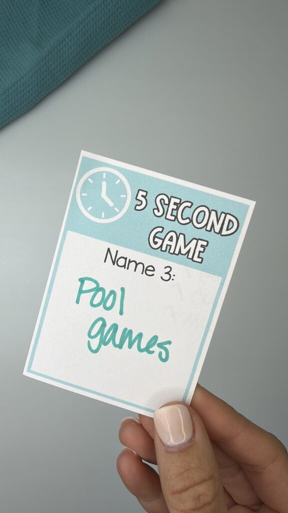 Handwritten summer 5 second game card showing pool games prompt printable activity for kids and families
