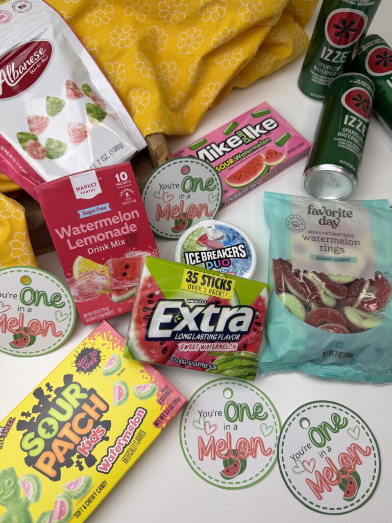 You’re one in a melon printable tags with watermelon drinks and candy for easy DIY gift ideas
