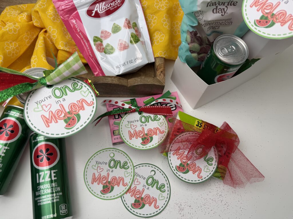 You’re one in a melon printable tag with watermelon-themed gift basket ideas including candy, gum, and drinks
