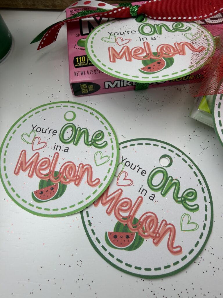 You’re one in a melon printable tags close up with watermelon design for summer gift giving
