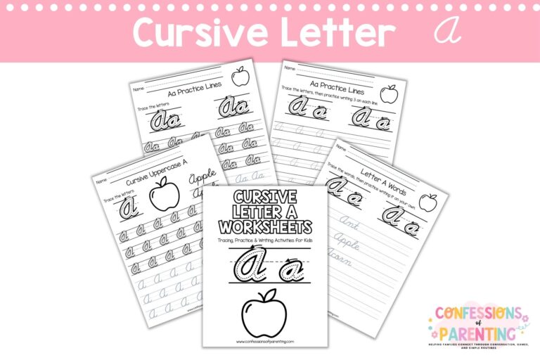 Cursive letter A worksheets printable with tracing, words, and practice pages for kids handwriting