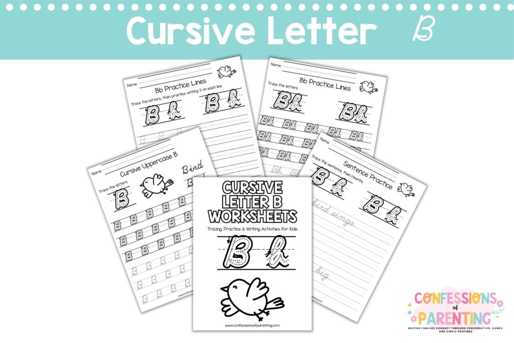 Cursive letter B worksheets printable with tracing, words, and practice pages for kids handwriting